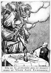 "I er ikke bedt om at dø, men om at være sparsommelige", karikatur af krigsprofittere, ca. 1914-18